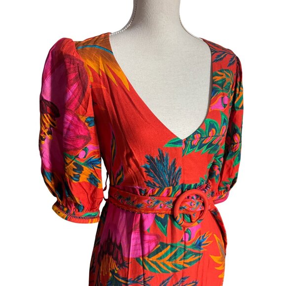 Farm Rio Belted Floral Maxi Dress size S small red pink v-neck puff sleeve - Picture 7 of 12